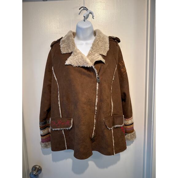 Desigual Faux Suede Jacket w Embroidery & Colorful Trim Size 44 (US 14) VGUC - Picture 2 of 8